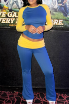 Deep Blue Casual Contrast O Neck Long Sleeve Two Pieces