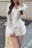 White Elegant Solid Color Lace Patchwork V Neck Long Sleeve Two Pieces