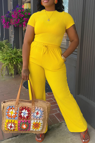 Yellow Casual Solid Color Draw String O Neck Short Sleeve Two Pieces