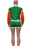 Green Casual Stripe Contrast O Neck Long Sleeve Two Pieces