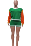 Green Casual Stripe Contrast O Neck Long Sleeve Two Pieces