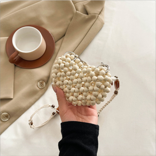 Cream White Daily Heart Shaped Hollow Out Beaded Bags