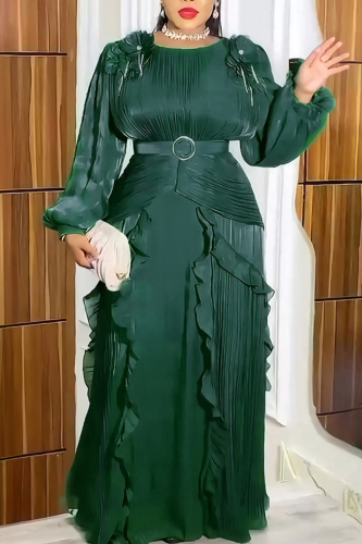 Green Elegant Solid Color With Belt Flounce Flower Shape O Neck Long Plus Size Dresses