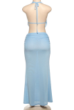 Blue Sexy Solid Color Backless Halter Sleeveless Two Pieces