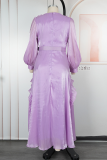 Light Green Elegant Solid Color With Belt Flounce Flower Shape O Neck Long Plus Size Dresses