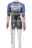 Blue Casual Print Slit O Neck T-Shirts