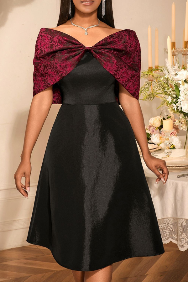 Black Elegant Solid Color Bow Decor Off Shoulder A Line Dresses