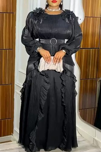 Black Elegant Solid Color With Belt Flounce Flower Shape O Neck Long Plus Size Dresses