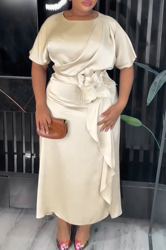 Champagne Elegant Solid Color Strap Design O Neck Long Plus Size Dresses