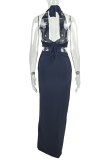 Black Sexy Solid Color Hollow Out Deep V Neck Long Dresses