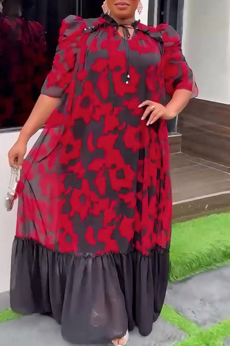 Red Elegant Print Patchwork O Neck Long Dresses