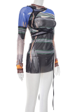 Blue Casual Print Slit O Neck T-Shirts