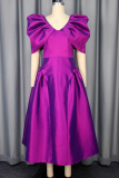 Purple Elegant Solid Color Ruched V Neck Evening Dresses