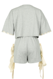 Grey Casual Solid Color Strap Design O Neck Half Sleeve Two Pieces