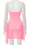Pink Sexy Solid Color Fringed Trim Strapless Wrapped Skirt Dresses