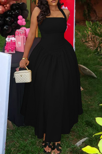 Black Elegant Solid Color Backless Halter Long Dresses