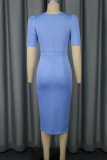 Baby Blue Elegant Solid Color Flower Shape Asymmetrical Collar Evening Dresses