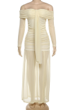 Apricot Elegant Solid Color Slit Off Shoulder Long Dresses