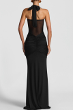 Yellow Sexy Solid Color Backless Halter Long Dresses