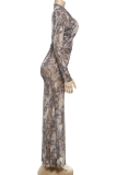 Khaki Sexy Print Hollow Out O Neck Long Dresses