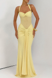 Yellow Sexy Solid Color Backless Halter Long Dresses