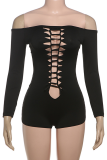 Black Sexy Solid Color Hollow Out Off Shoulder Skinny Rompers