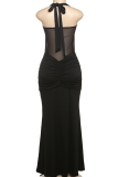 Yellow Sexy Solid Color Backless Halter Long Dresses