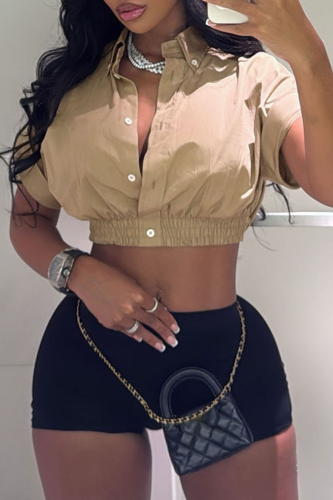 Khaki Casual Solid Color Buckle Turndown Collar Short Sleeve Two Pieces