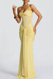 Yellow Sexy Solid Color Backless Halter Long Dresses