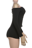 Black Sexy Solid Color Hollow Out Off Shoulder Skinny Rompers