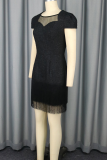 Black Elegant Solid Color Fringed Trim O Neck Wrapped Skirt Dresses