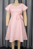 Pink Elegant Solid Color Flower Shape Asymmetrical Collar Evening Dresses