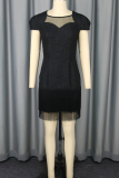 Black Elegant Solid Color Fringed Trim O Neck Wrapped Skirt Dresses