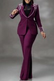 White Business Wear Formal Office lady Solid Color Pocket Buttons Hot Drill Turn-back Collar Long Sleeve Two Pieces