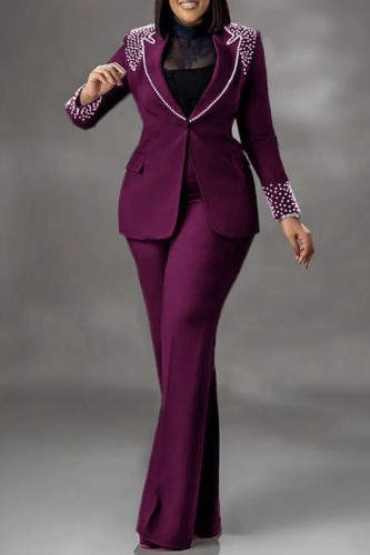 Purple Business Wear Formal Office lady Solid Color Pocket Buttons Hot Drill Turn-back Collar Long Sleeve Two Pieces