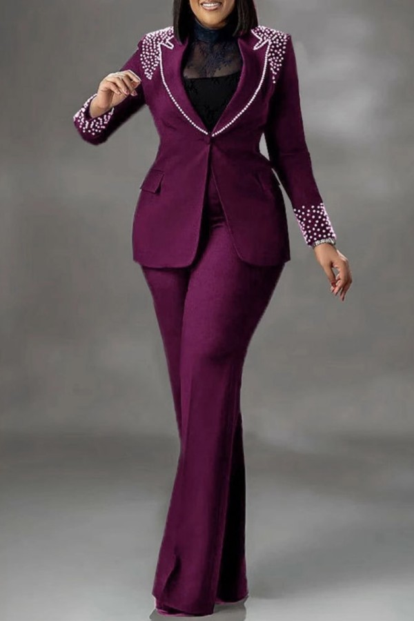 Purple Business Wear Formal Office lady Solid Color Pocket Buttons Hot Drill Turn-back Collar Long Sleeve Two Pieces