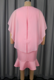 Pink Elegant Solid Color Flounce O Neck Evening Dresses