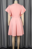 Pink Elegant Solid Color Embroidered Zipper O Neck Long Dresses
