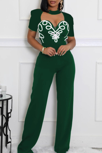 Green Sexy Stripe Hollow Out O Neck Regular Jumpsuits