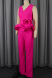 Rose Red Casual Solid Color Flower Shape V Neck Sleeveless Two Pieces