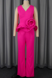 Rose Red Casual Solid Color Flower Shape V Neck Sleeveless Two Pieces