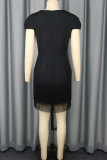 Black Elegant Solid Color Fringed Trim O Neck Wrapped Skirt Dresses