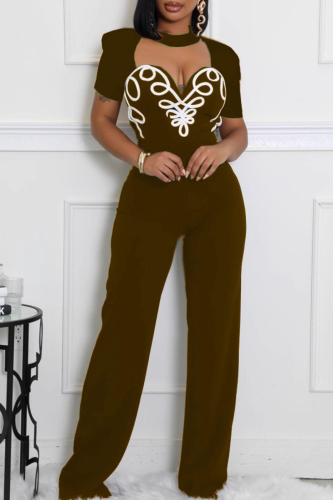 Brown Sexy Stripe Hollow Out O Neck Regular Jumpsuits