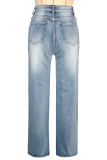 Blue Casual Solid Color Hot Drill Mid Waist Straight Denim Jeans