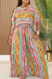 Green Yellow Casual Stripe Patchwork O Neck Half Sleeve Two Pieces