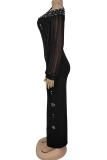Black Elegant Solid Color Slit Hot Drill Spaghetti Strap Long Dresses