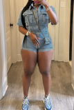 Light Blue Casual Solid Color Pocket Buckle Turndown Collar Short Sleeve Skinny Denim Jumpsuits