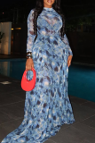 Blue Elegant Print Patchwork O Neck A Line Dresses