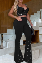 Black Sexy Solid Color Hollow Out Spaghetti Strap Sleeveless Two Pieces