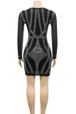 Black Sexy Solid Color Hot Drill Asymmetrical Collar Wrapped Skirt Dresses